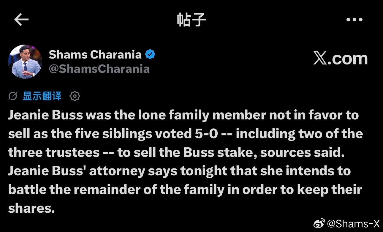 消息人士称，珍妮·巴斯是唯一反对出售的家庭成员，五位兄弟姐妹以5-0的投票结果——包括三位受托人中的两位——决定出售巴斯家族的股份。珍妮·巴斯的律师今晚表示，她打算与家族其他成员抗争，以保留他们的股份。

#洛杉矶湖人队##nba# ​