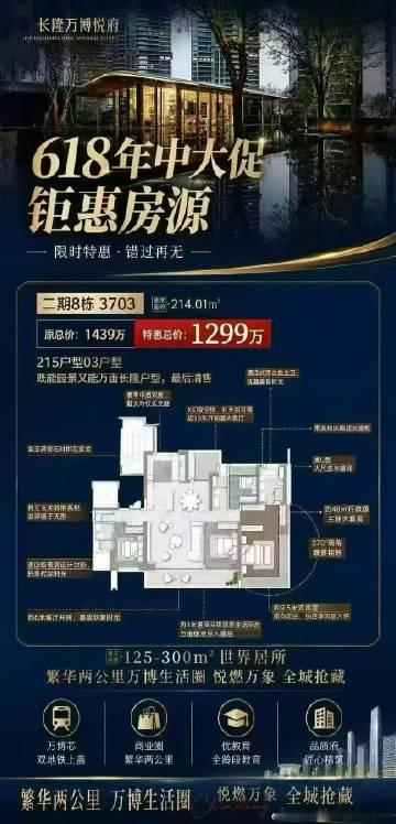 华润长隆万博悦府215方大平层<br />原价1439万，现618特惠...