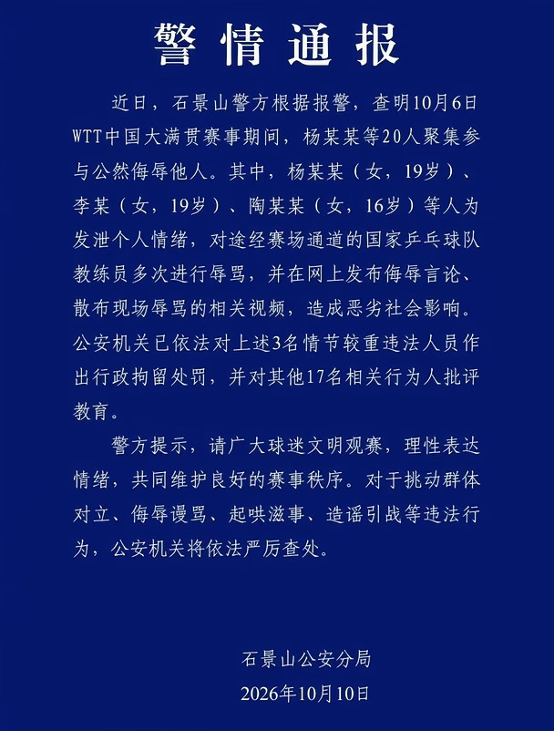 通过WTT赛场骂教练被拘聊聊寻衅滋事