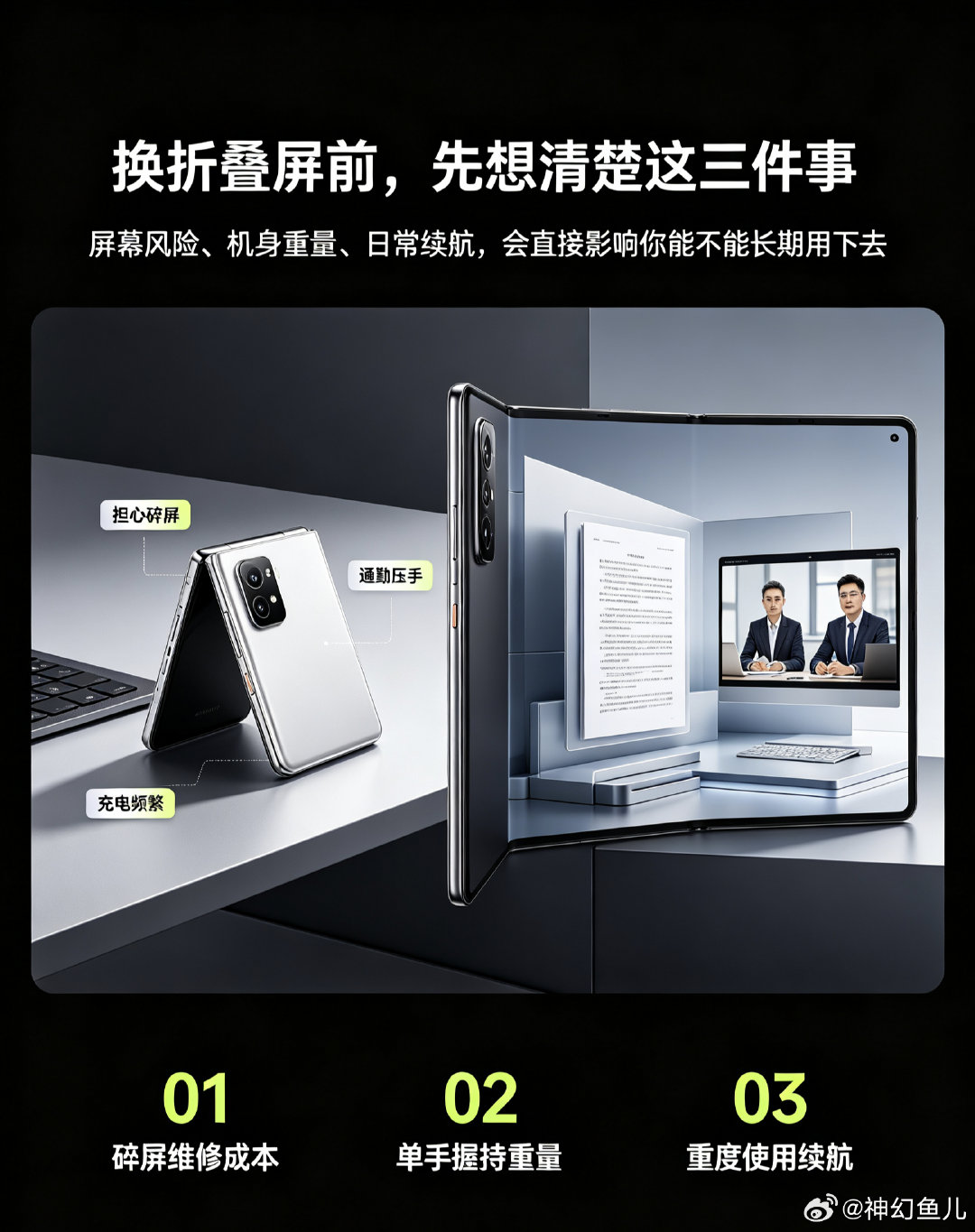 #到底会为了什么换折叠屏# 
如果换机，那么我会考虑买下来的，因为我愿意考虑折叠屏有这一点核心原因，那就是大屏分屏，一边看资料一边聊天，写东西、刷视频体验远超普通直屏。但我也会留意折痕、重量和售价，只有痛点控制在可接受范围，才会下手。  ​