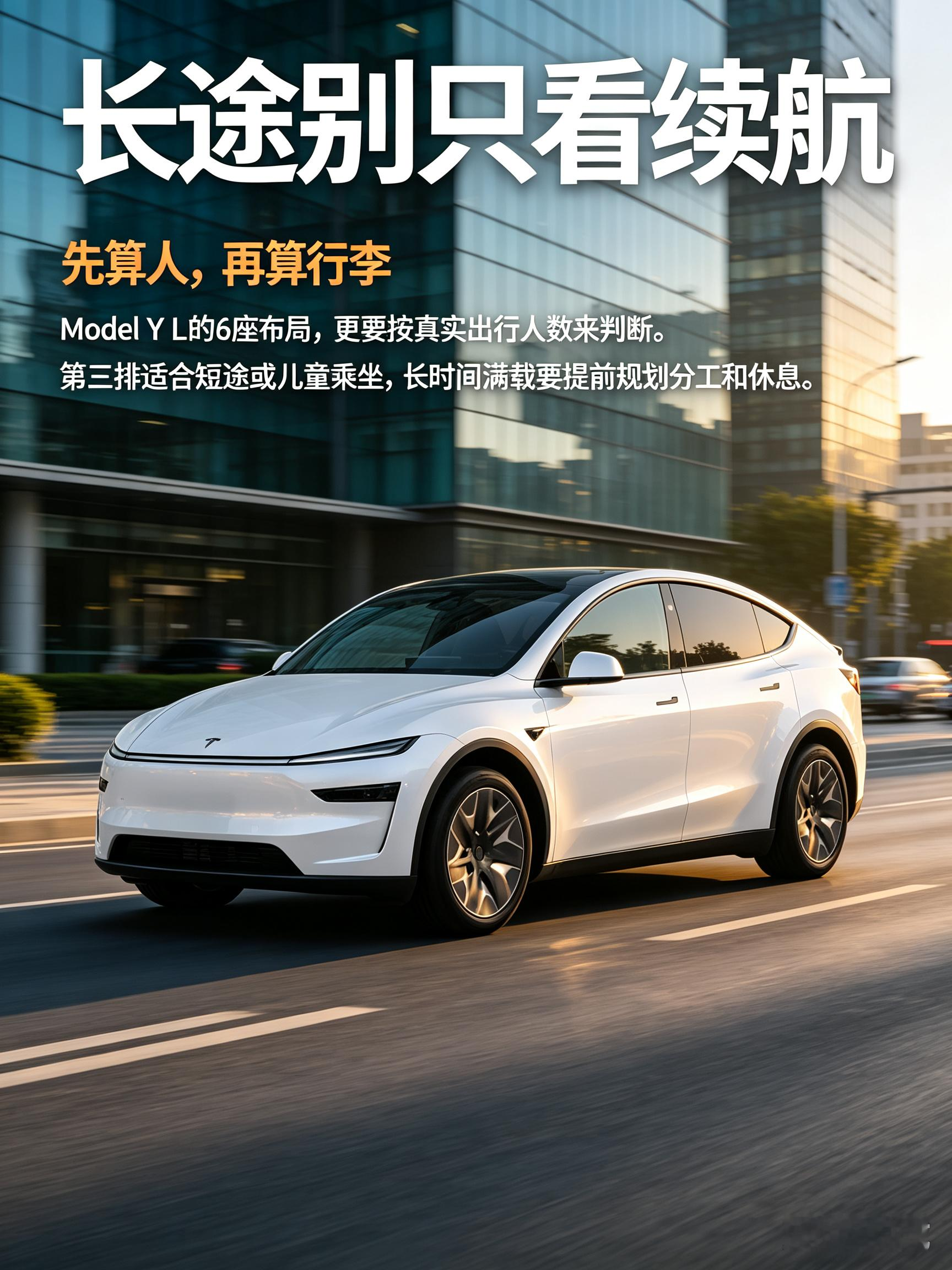 特斯拉Model Y L外观简约干净，跑长途的时候动力响应干脆。6座布局适合全家一起出门，但第三排不太适合成年人长时间坐着。行李摆放也要提前规划好，跑远路不光要考虑车子本身，同行人的乘坐感受、中途休整都得安排上，试驾可以感受下长时间坐着的体感。【来自懂车帝车友圈】