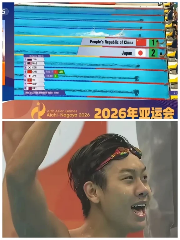 这绝对是本届亚运会到现在最燃的一枚金牌！男子4×200米自由泳接力，中国队直接游出7分00秒17打破亚洲纪录，极限逆转日本队夺冠，看得人浑身起鸡皮疙瘩。
	
前两棒徐海博、费立纬咬得死死的，没让日本队把差距拉开，第三棒潘展乐直接游出1分44秒24的超强分段，反超对手一个身位，最后一棒张展硕更是炸场，游出1分42秒92的恐怖成绩，直接把日本队甩得没影，全程后两棒的超车看得人热血沸腾，这枚金牌拿得太解气太提气了！