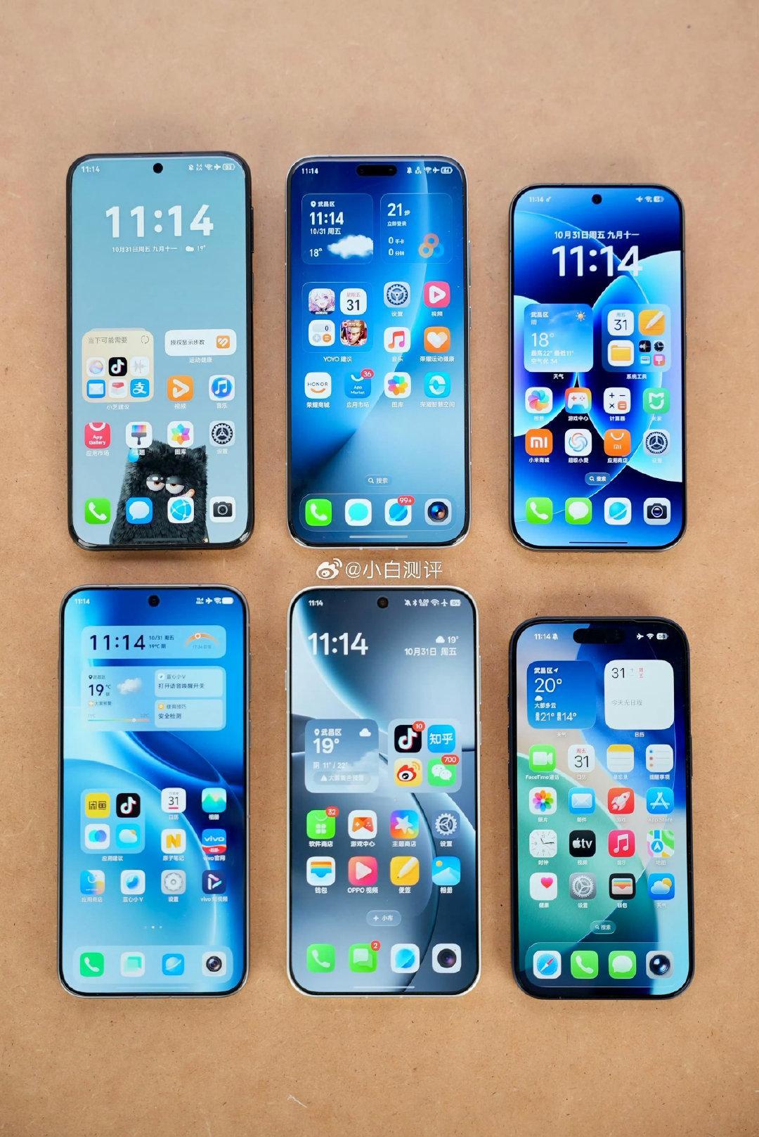 #小米澎湃OS4# 小白测评发的6大厂商上一代系统（HarmonyOS6、MagicOS10、HyperOS3、OriginOS6、ColorOS16、iOS27）的默认桌面布局，大家感觉怎么样？[doge] ​
