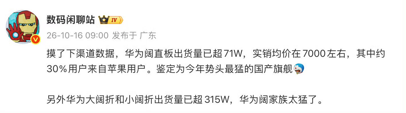 #买华为阔直板3成用户是苹果#阔直板三成购机用户来自苹果，这个转化很有看点。阔直板出货71万，阔折315万，整个阔家族出货逼近400万。不少iPhone用户抱着试一试的心态入手阔直板，从备用机慢慢变成主力机，阔系列这套宽屏方案，抓住了不少人的需求。#数码闲聊站说华为阔家族太猛了# ​