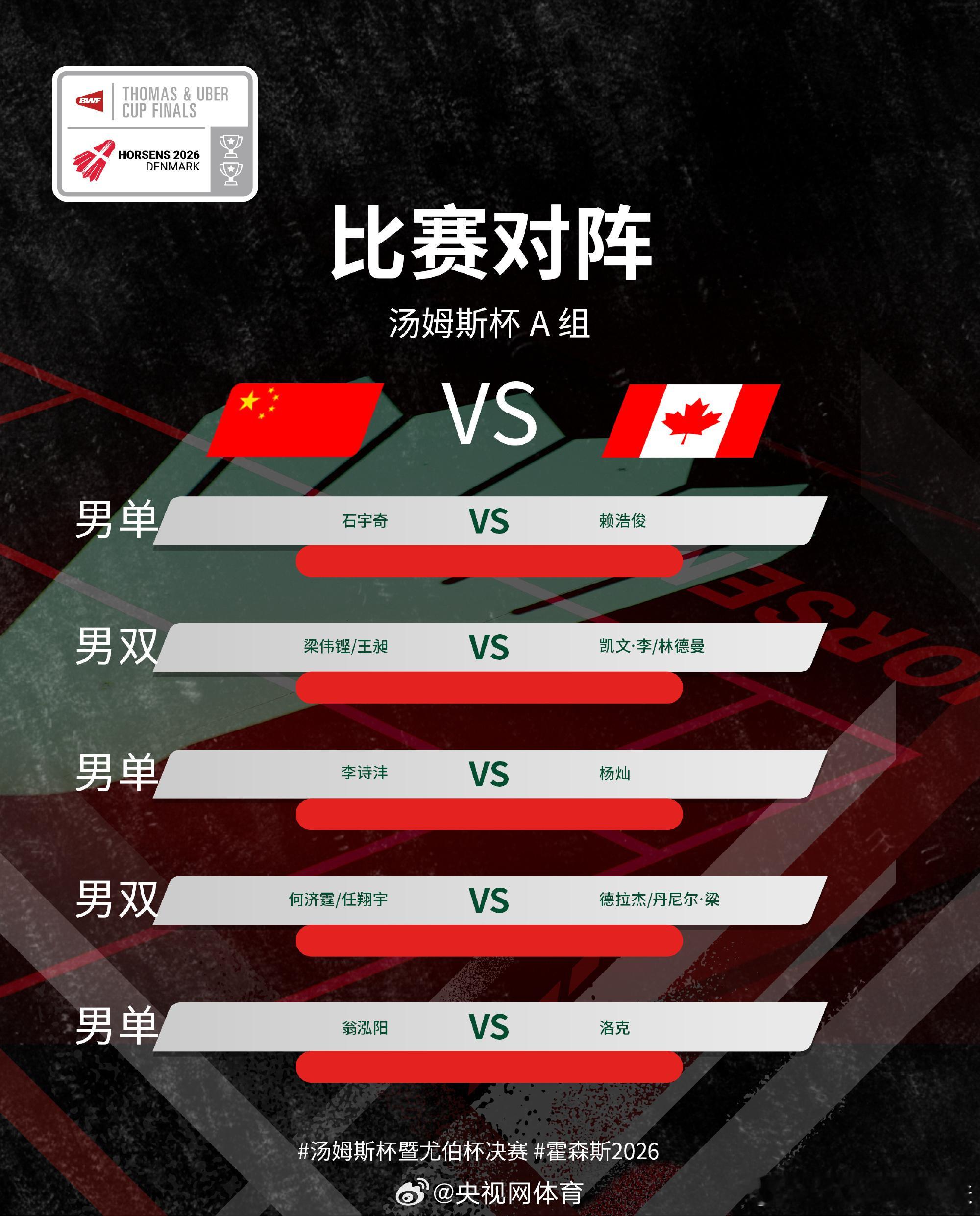 今日14:30，汤姆斯杯小组赛第二轮，中国队对阵加拿大队  一单：石宇...