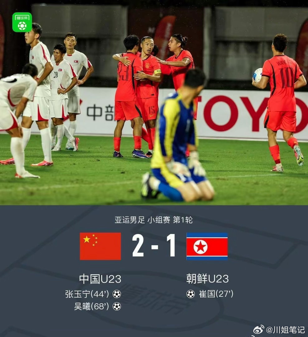 U23国足亚运会开门红#成功拿下！！恭喜国足u23！国足亚运队2-1逆转朝鲜！9月16日亚运男足，中国U23张玉宁破门，吴曦破门，最终比分中国U23 2-1 朝鲜U23。 ​