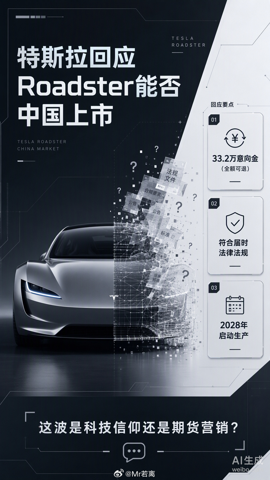 33.2万的意向金，说多不多，说少也不少。特斯拉这波Roadster国内预订，明面上是开放了Performance版，但那句“符合届时适用的法律法规”才是精髓。

马斯克说“看道路情况”，翻译过来就是：能不能上路，得看到时候法规给不给面子。带推进器的版本想在国内合法上路，基本等于做梦，毕竟高压储气罐和喷 ​