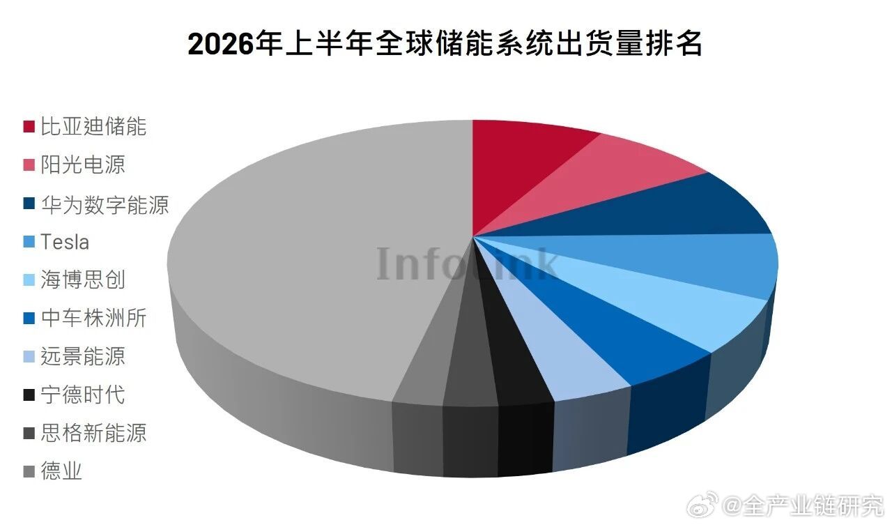 2026 年上半年度，全球储能系统出货量为 303.40 GWh，同比增长 83.45%。
2026年上半年度，全球储能系统出货量 Top5 为：比亚迪储能、阳光电源、华为数字能源、Tesla、海博思创。 ​