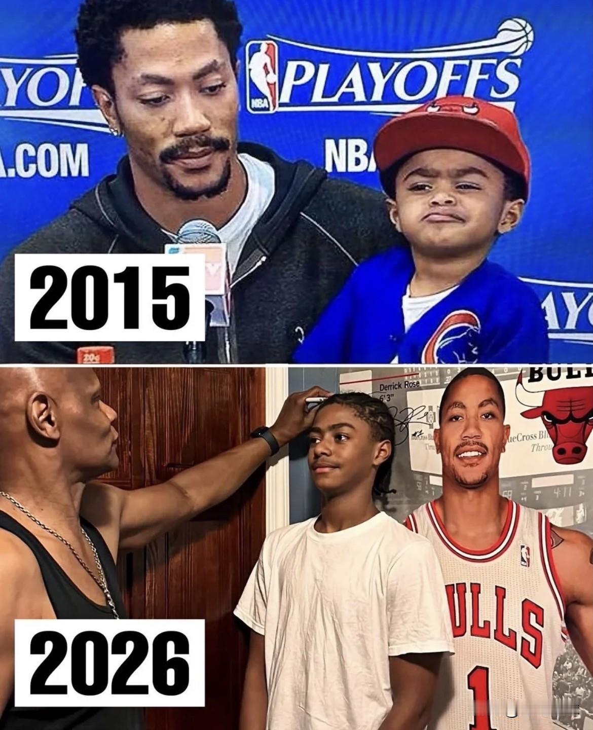 前NBA最年轻MVP，现在竟给13岁儿子当绿叶？
8月中旬中国行，罗斯和大儿子PJ同场，他没有喧宾夺主，一记传球，PJ完成连线并绝杀，现场气氛瞬间沸腾。
别只把PJ看作星二代。他出生于2012年10月，13岁正读7年级，身高已明显超过同龄人。
他打过Jr. EYBL联赛，也曾穿上罗斯高中母校西