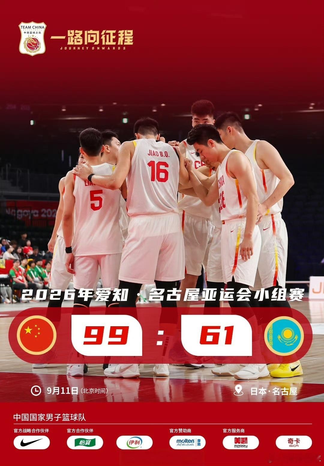开门红只是开始，硬仗还在后面，继续加油！💪

99‑61，38分大胜拿下亚运小组赛开门红 。全队6人得分上双，多点开花，攻防转换打出统治力，年轻球员轮番闪光，交出亮眼首秀。
 
赛后队员没有沉溺胜利，保持清醒。庞峥麟直言球队失误偏多，三分稳定性仍有短板，正视自身问题，不高估一场胜利。郭士强 ​