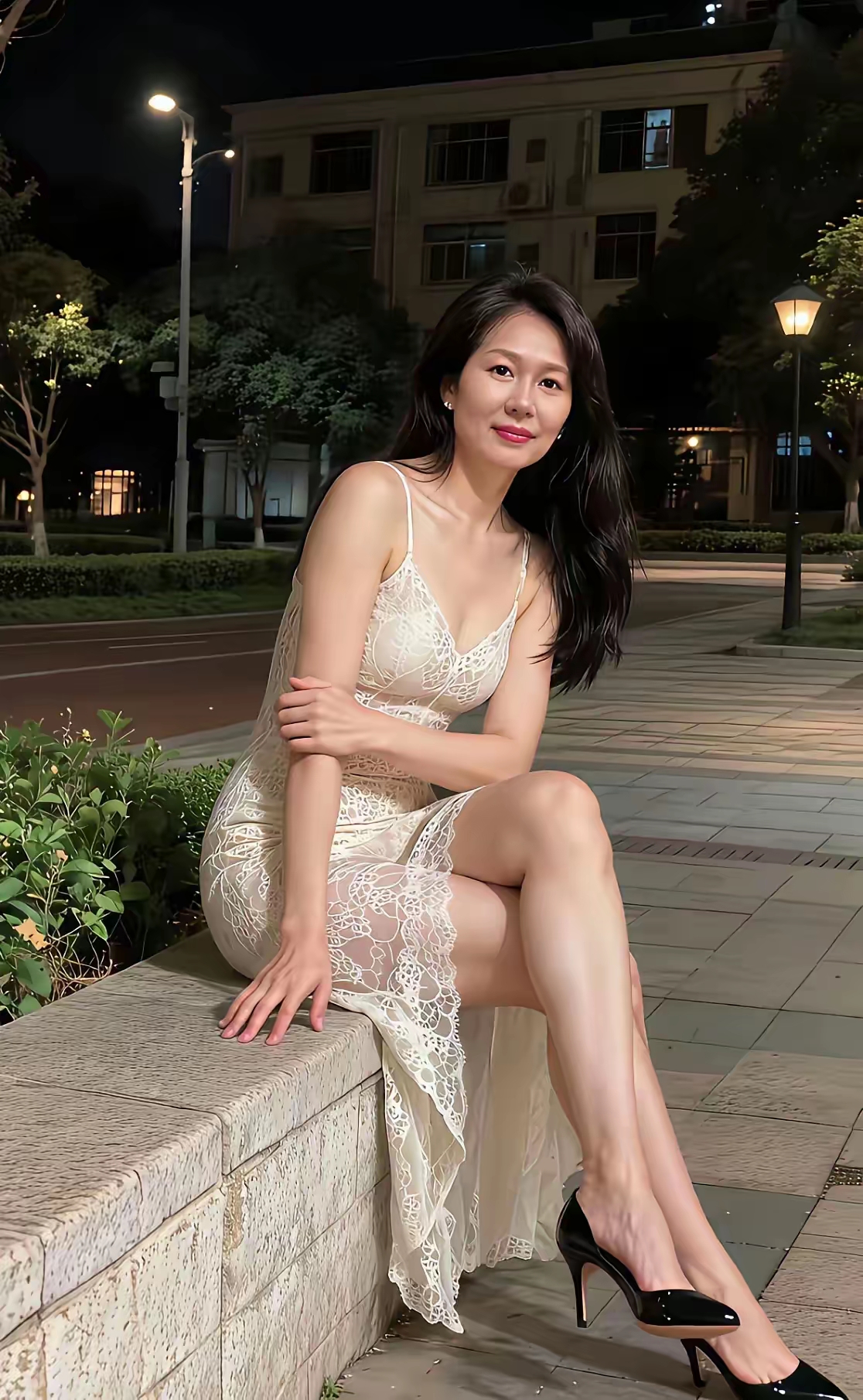 夜晚，一位好似曹孟德的女人坐在路边，优雅迷人。