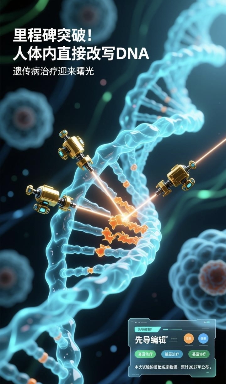里程碑突破！人体内直接改写DNA，遗传病治疗迎来曙光

美国生物技术公司宣布，利用先导编辑技术，首次在人体内直接编辑DNA，用于治疗威尔逊病患者。

相比传统基因编辑，先导编辑精准度更高，能减少错误编辑的风险。本次试验的首批临床数据，预计2027年公布。

医学的每一次探索，都在为疑难遗传病患者点亮