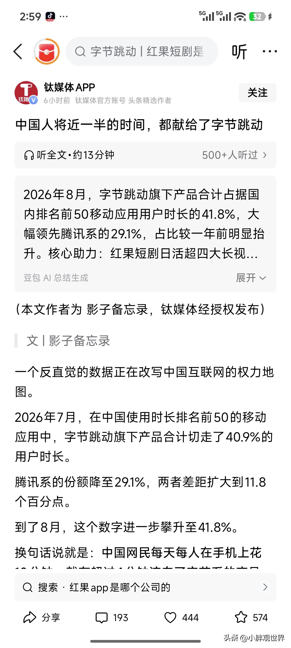 中国人真的把一半的时间献给了字节跳动。就是献给了抖音。