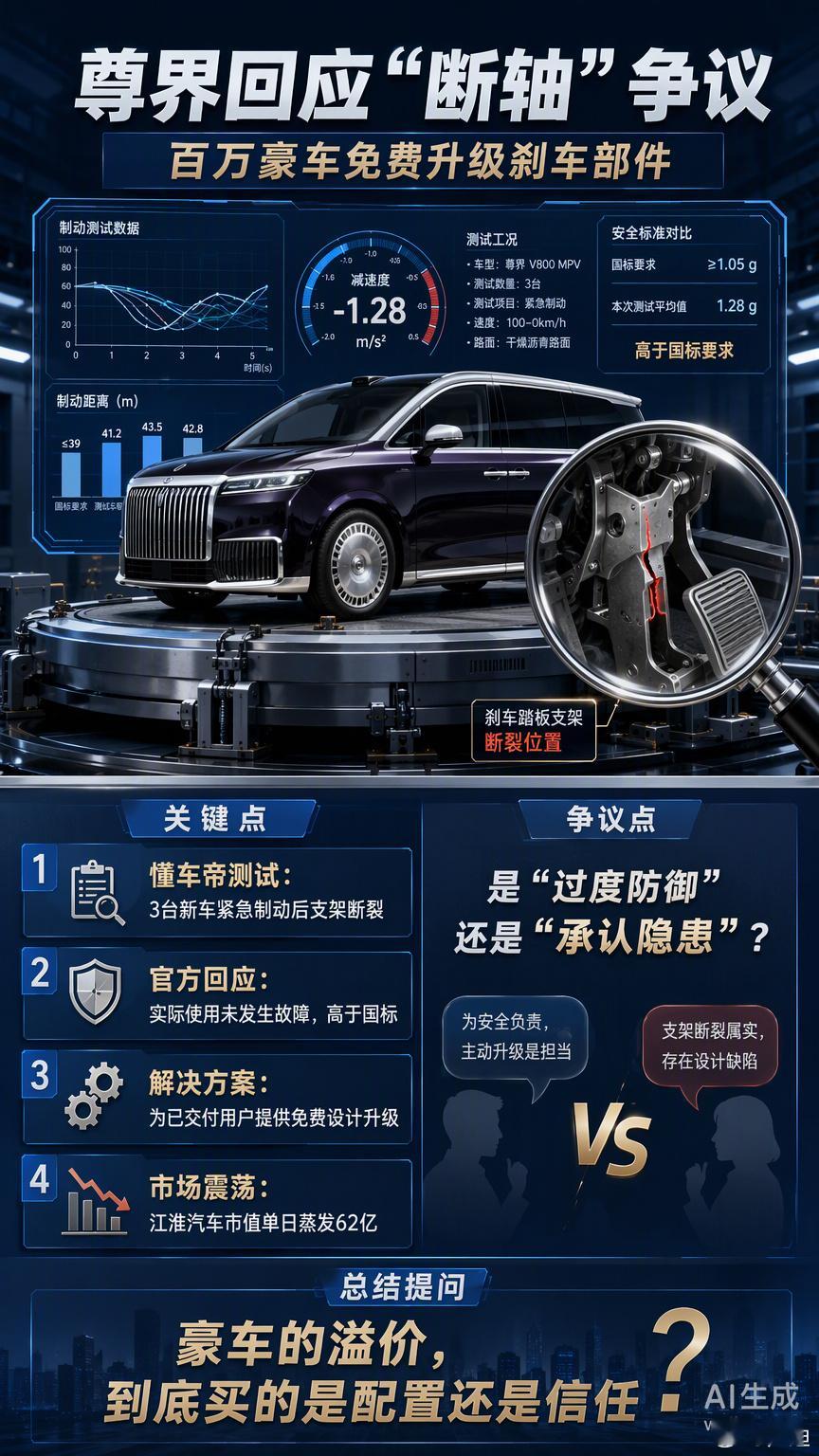 百万级豪车的刹车踏板支架在测试中断裂，这事儿确实让人心里打鼓。尊界现在的回应是“没发生过故障”，但愿意给已交付用户免费升级。这种做法其实挺聪明的。一方面避开了承认设计缺陷的法律风险，另一方面又通过“免费升级”安抚了车主情绪，把潜在的维权火苗掐灭在摇篮里。对于花七八十万买车的用户来说，要的不是口头保证，而是实实在在的安全冗余。这次事件也给所有新势力品牌提了个醒：豪车卖的是溢价，更是信任。在极端工况下暴露出的问题，哪怕概率再低，也足以让品牌形象受损。尊界将为已交付用户免费升级