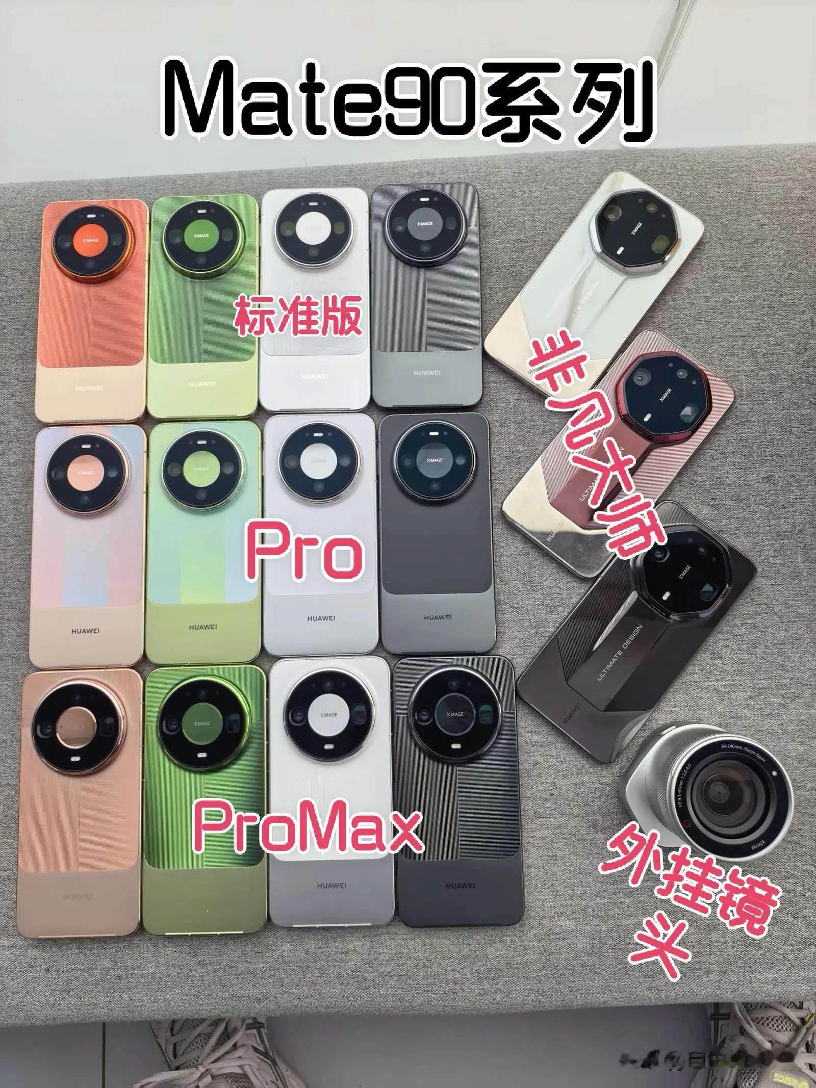 Mate90系列全家福大合影里，标准版这次同样表现强劲，全系都标配了3D人脸识别功能；而玲珑屏的高亮度12000尼特仅在Pro及以上机型才有。若单从背面视角看，标准版与Pro的屏幕尺寸和外观保持一致，均为6.75英寸；Pro Max和非凡大师则同为6.9英寸。其中，标准版和非凡大师的外观差异较为明显