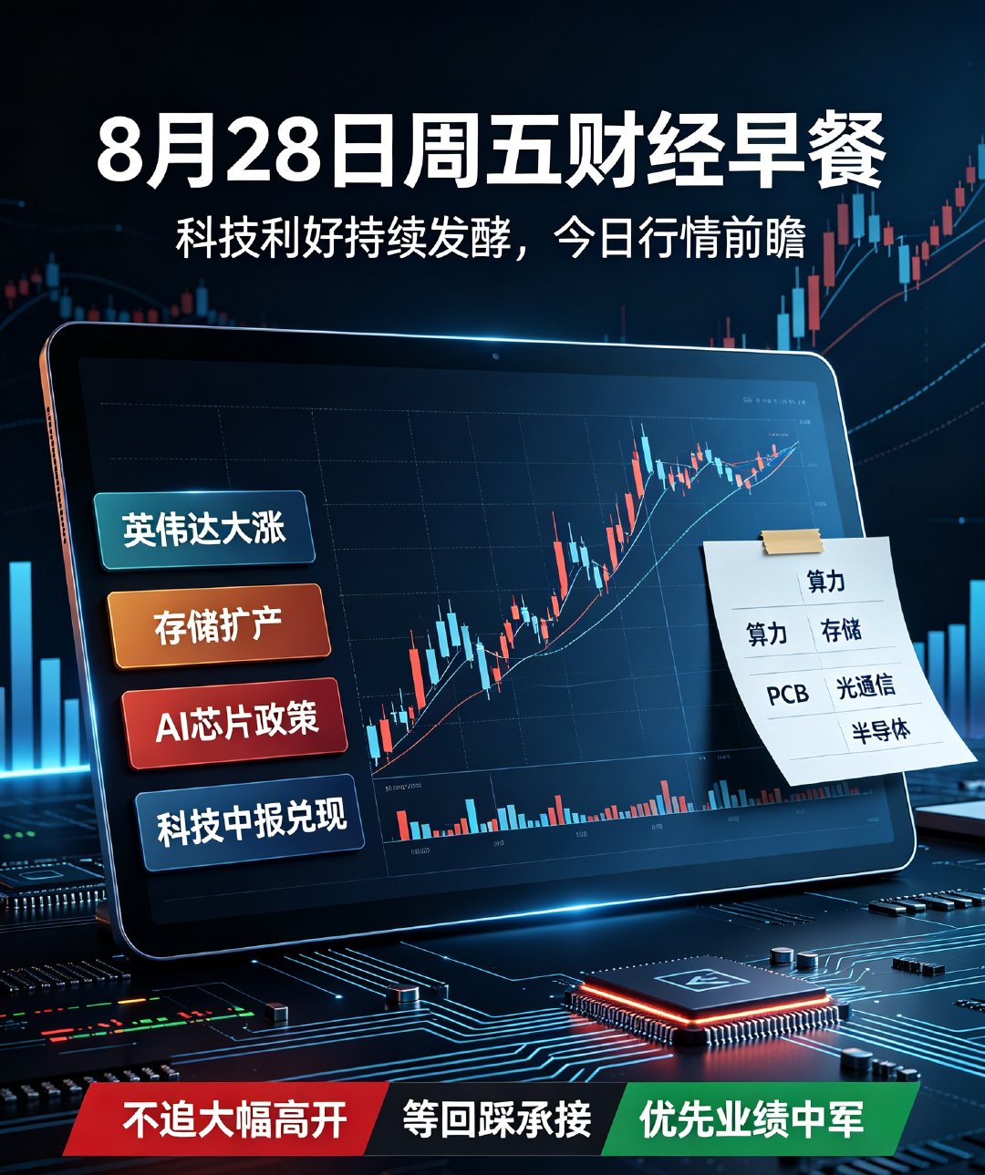 8月28日周五财经早餐

科技利好持续发酵，今日行情前瞻

隔夜外围市场整体偏暖，美股纳指强势收涨，英伟达再创大涨，多家华尔街机构连夜上调其目标价，AI产业景气度再次被拔高。叠加铠侠、闪迪官宣千亿级扩产计划，存储超级周期逻辑彻底坐实，对A股科技硬件形成强力情绪支撑。

国内利好同样密集落地！ ​