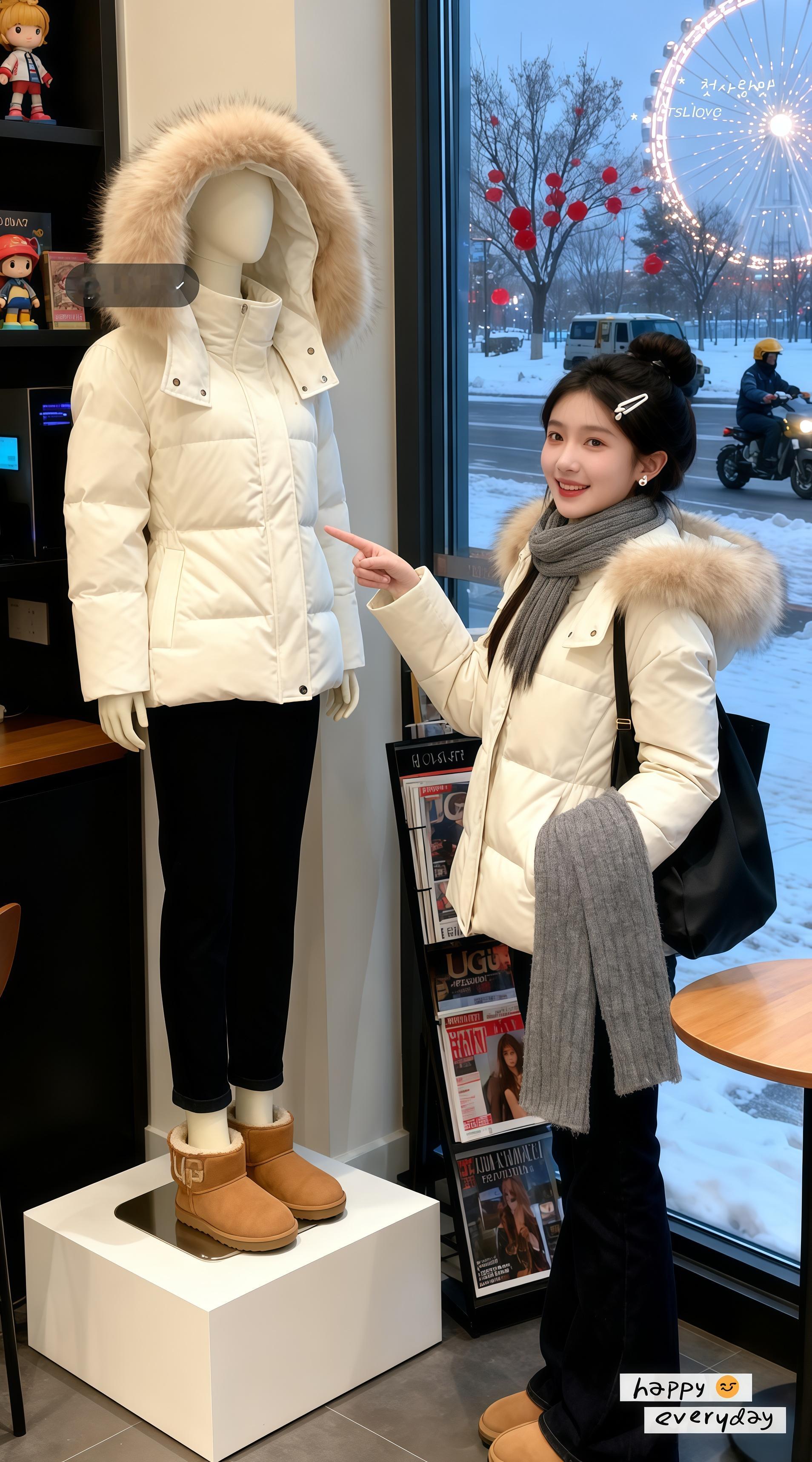 宝子们！雪天在咖啡店被夸爆的穿搭来啦～这件米白色棉服真的把温柔感拉满！...