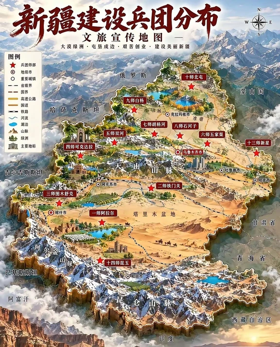 #兵团是新疆稳定发展的重要力量  屯垦戍边的传统由来已久，但组建生产建设兵团，这无疑是一项极具开创性的重大举措。当你徐徐铺开兵团的团场分布地图，便能即刻读懂当年规划布局背后的深远考量。
兵团所辖的团场几乎沿着两千多公里的绵长边境线依次排布，位置最靠前的团场距离边境线不足一公里，连片的农田径直延伸到界碑的近旁。在南疆塔里木盆地周边的沙漠边缘地带，每隔数十公里便有一座团场落地扎根，硬是在塔克拉玛干漫天飞舞的风沙中，开垦出了一千六百多万亩耕地。
组建兵团绝非简单的垦荒种粮，而是将生产、戍边、保障民生的核心力量，稳稳锚定在最为关键的区位之上，向前一步可守护国土完整，退后一步能筑牢民生根基。这般布局的长远远见，越是细细体味，越能让人萌生出发自内心的敬佩。
向兵团致敬，祝愿兵团日益发展壮大，愿新疆经济社会蒸蒸日上！🤷‍♂️ 附图via网络 #兵团的战略地位