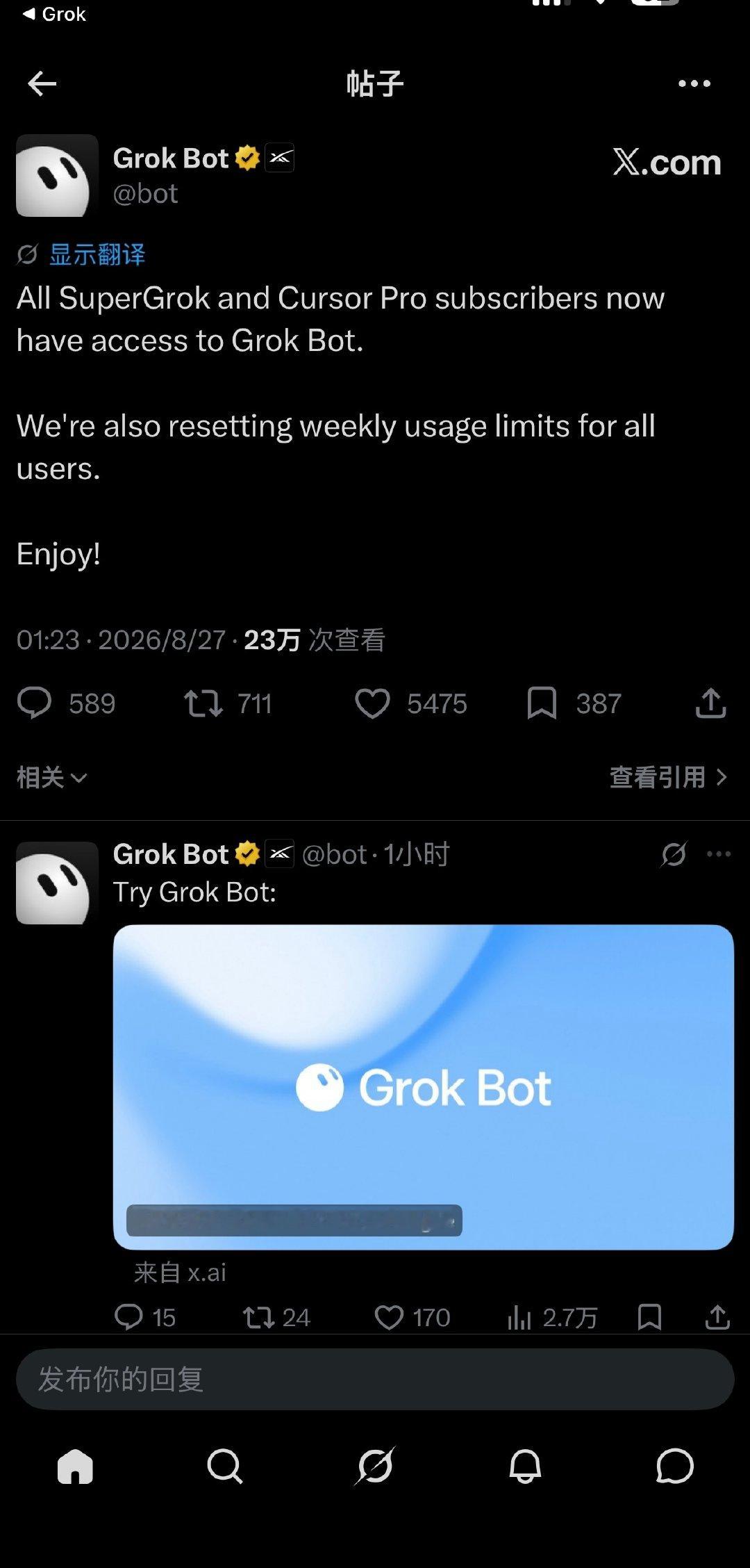 supergrok 也可以体验 grok bot 了。 460 抢的年付真是超值[嘻嘻] ​