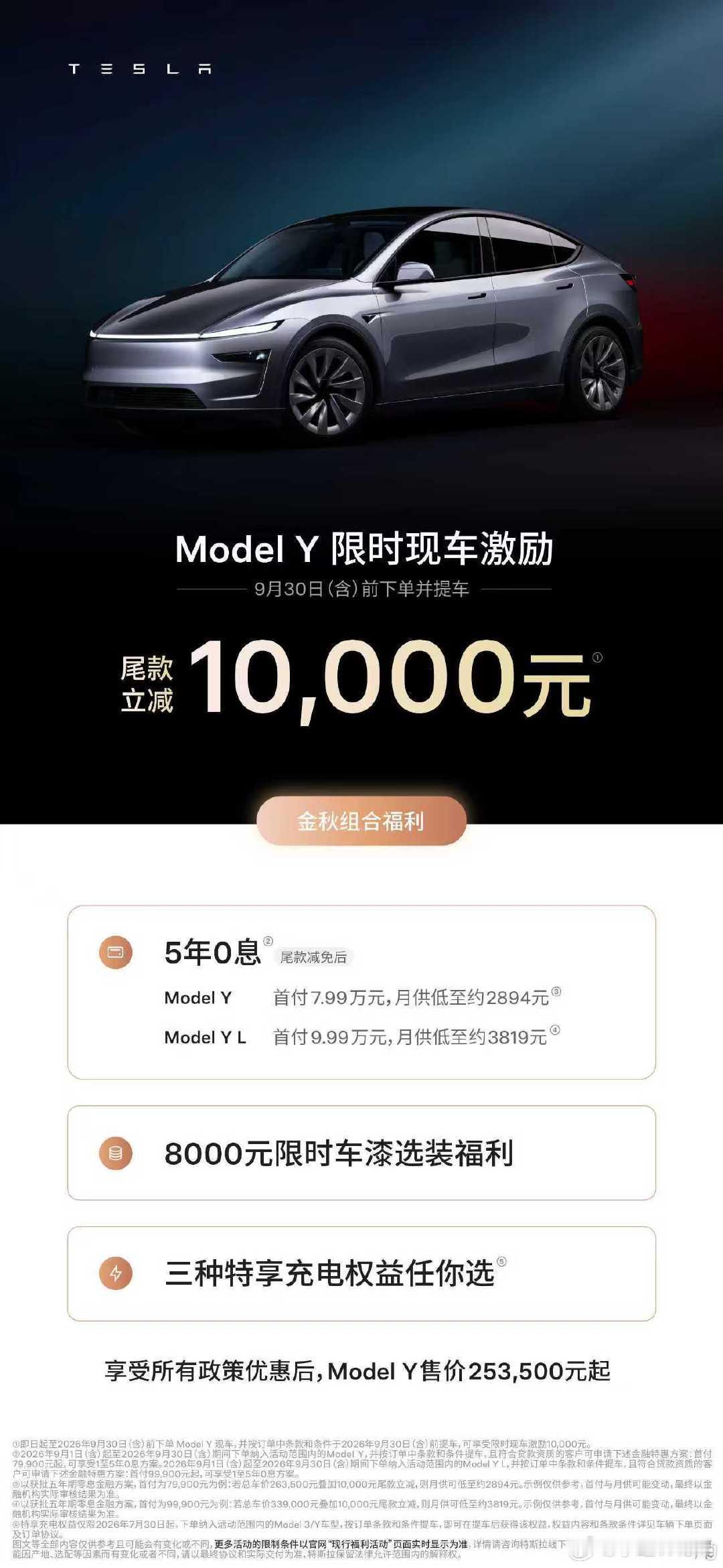 #特斯拉降价##特斯拉Model3及ModelY降价# 特斯拉的五年免息政策，多了多少销量，现在再叠加上这个减1W的政策，只能说市场是真的需要刺激了。
 ​​​​不过值得思考的是，九月份下单，并且提了现车才有这个减免，是不是就是另一种清仓手段？大家奔着这个买它的话，一定要问清楚车的生产年份就是了！ ​
