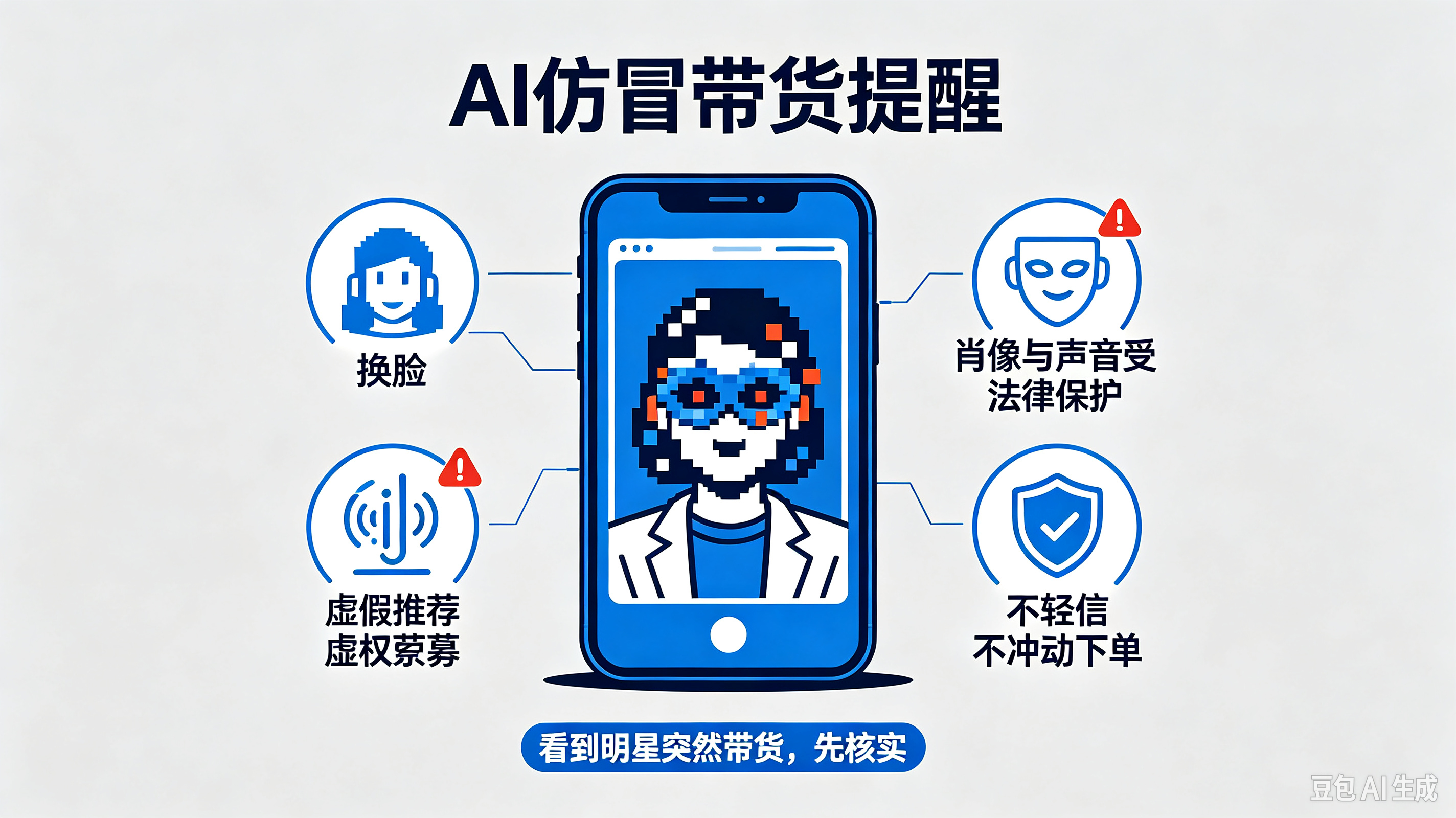 #吴越可起诉AI诈骗者赔偿#刷到吴越被AI换脸冒充直播带货这事，真的有点离谱。
账号“花姐美肤日记”用AI换脸+克隆声音，假装是她本人推荐护肤品，还说孕妇能用，诱导大家下单。这个号之前还仿冒过好几位名人带货，视频虽然标了含AI生成，也不能随便拿别人形象来牟利。
 
按法律来说，肖像和声音都受保 ​