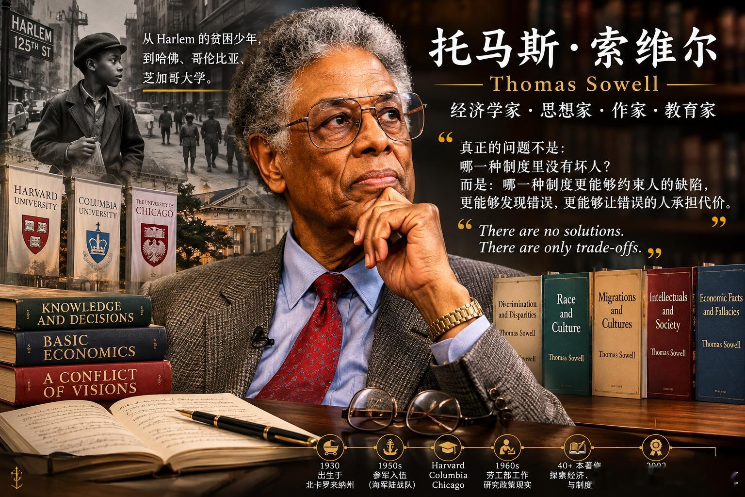 索维尔1930年出生于美国北卡罗来纳州。父亲在他出生前去世。他是遗腹子，被亲戚养大。他从小家庭贫困，后来随家人迁到纽约Harlem长大。

他的少年时代并不顺利。因为生活困难，他高中没有毕业就辍学，做过送电报等各种工作。16岁左右便开始独立生活。后来朝鲜战争期间参军，进入美国海军陆战队服役。

 ​