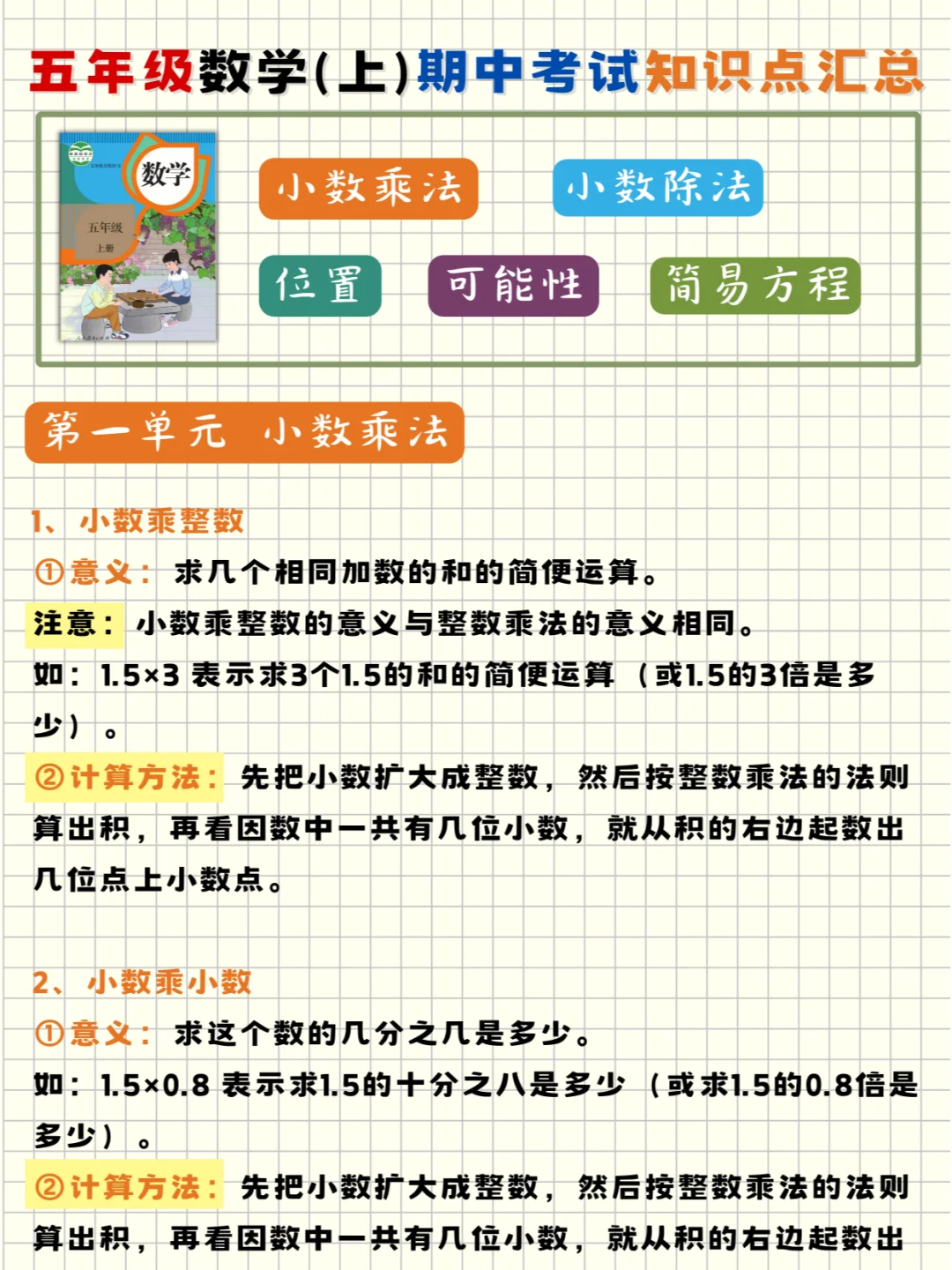 🔥五年级数学上：期中考试知识点总结❗❗
