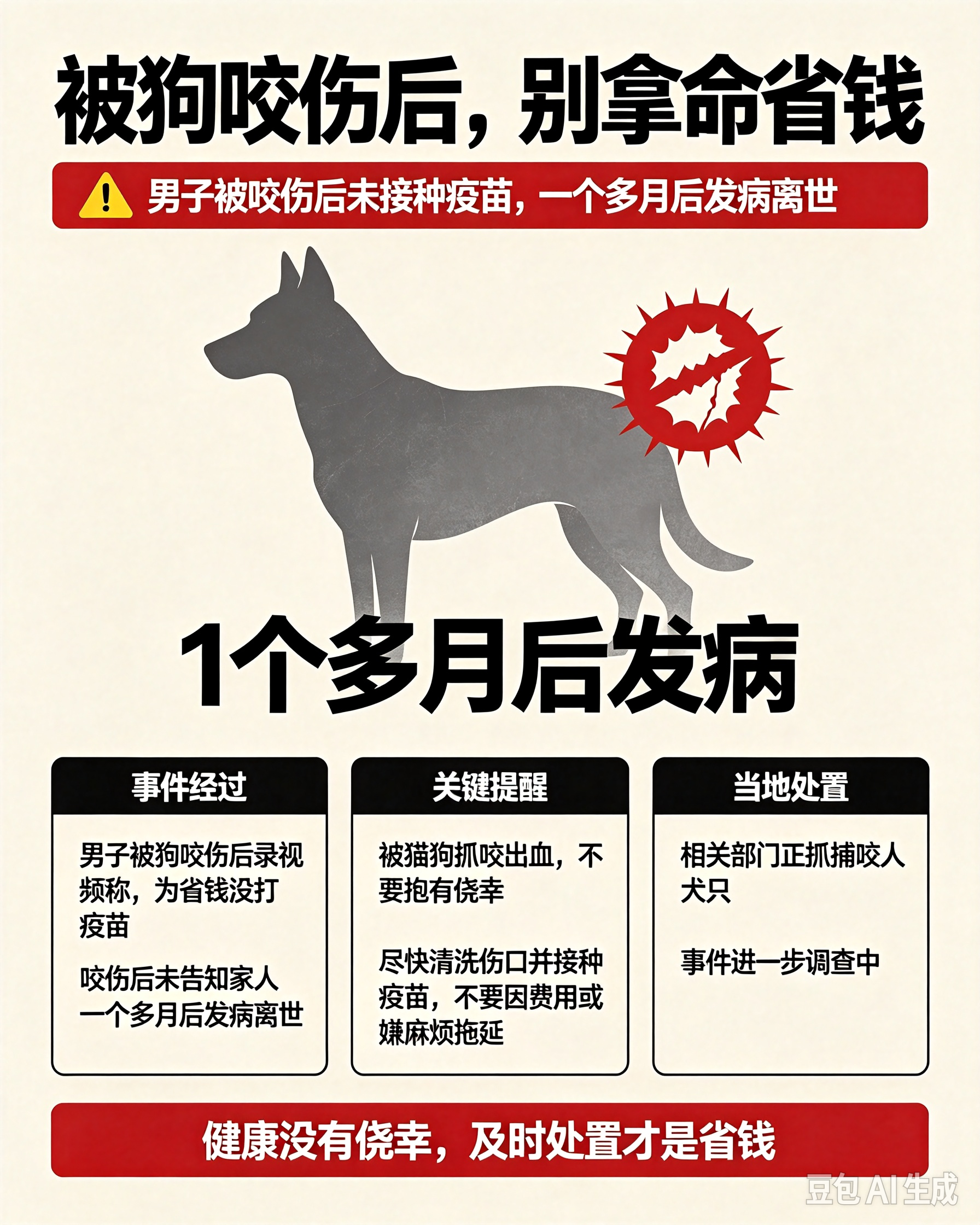 湖南浏阳，一名男子被狗咬伤之后，自己录下视频，说打算为了省钱不去打狂犬疫苗；他没有把被咬伤这件事告诉家里任何人；过了一个多月，男子狂犬病发病，最后离开人世；他女儿事后说出内情，目前当地有关部门正在搜寻、抓捕那只咬人犬只。

这名男子外出的时候，意外被路边的狗咬伤。
 
正常情况下，只要及时去医院清理