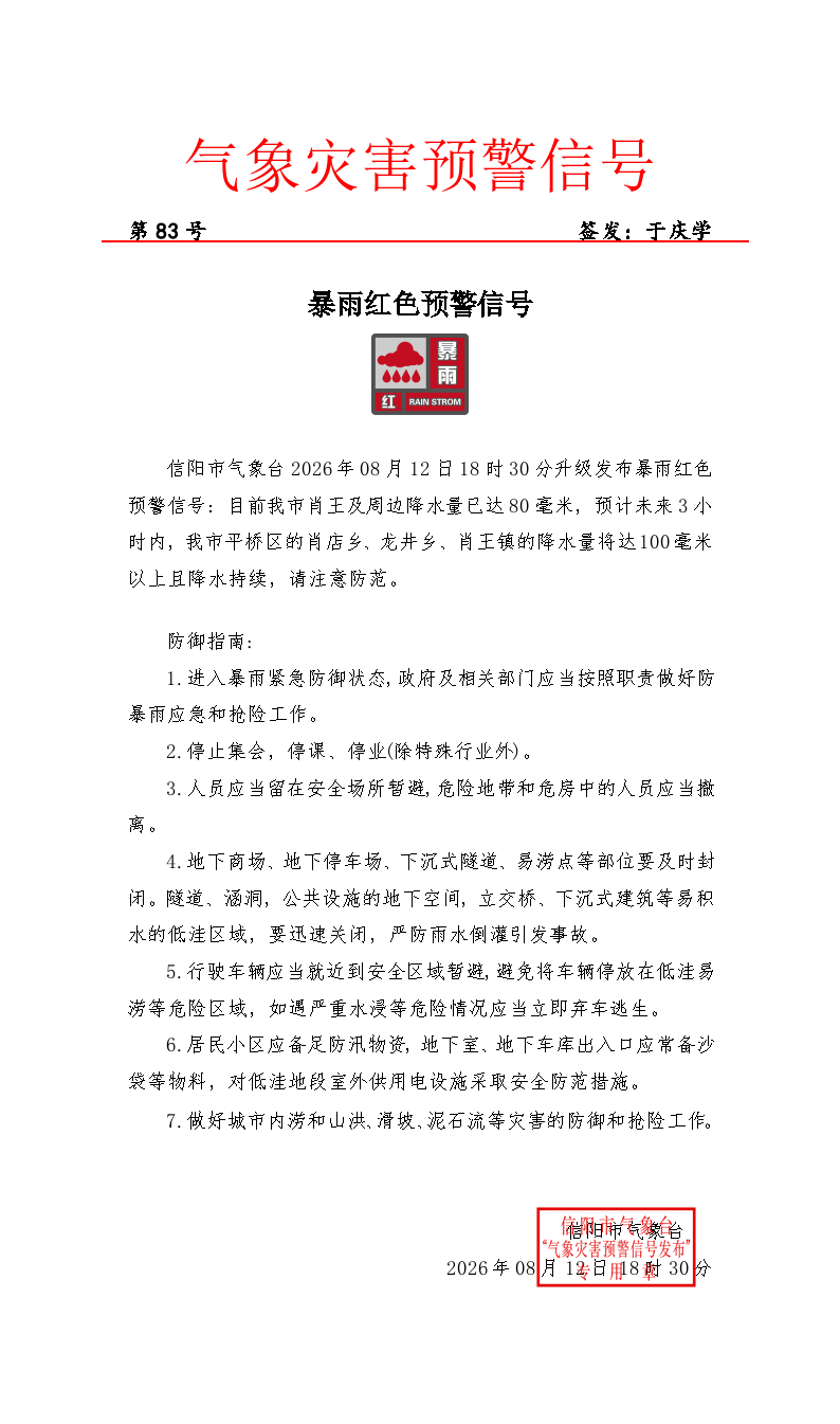 【信阳市气象台发布暴雨红色预警[I级/特别严重]】发布单位：信阳市气象...
