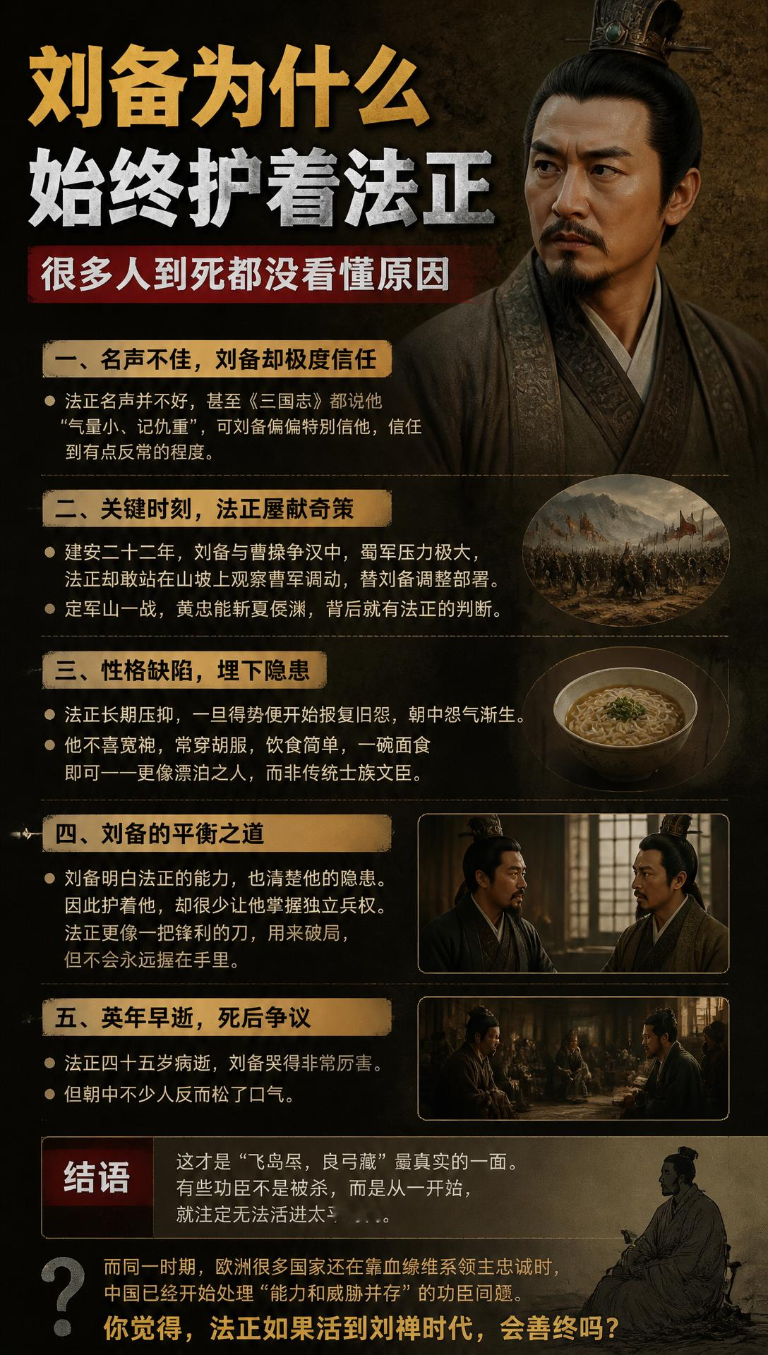 刘备为什么始终护着法正很多人到死都没看懂原因

三国里有个很奇怪的现象。

法正名声并不好，甚至连《三国志》都说他气量小、记仇重，可刘备偏偏特别信他。

这种信任，已经到了有点反常的程度。

建安二十二年，刘备和曹操争汉中。那时候蜀军压力极大，前线天天有烽火。法正却敢站在山坡上，一边盯着曹军调动，一