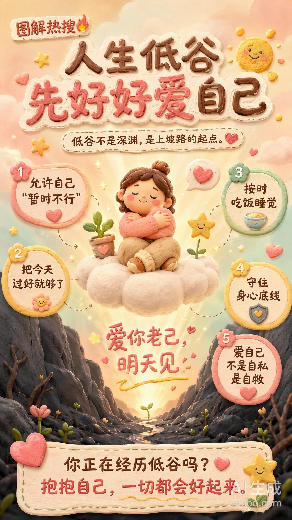 人生低谷先好好爱自己人生不会一直顺风顺水，低谷期其实是生命自带的韵律。最近看到一句话特别戳心：“越是人生低谷，越要好好爱自己。” 不是鸡汤，而是真的——人在最难的时候，最容易忽略的就是自己。几个很真实的感悟：🌱 允许自己“暂时不行”不必硬扛，不必逼自己立刻好起来。接纳当下的脆弱，本身就是一种力量。🌱 把“今天”过好就够了像易立竞说的，低谷时不用焦虑未来，按时吃饭、睡觉、做一点小事，守住身心的底线，才有底气接住后来的美好。🌱 爱自己不是自私，是自救好好吃饭、规律作息、去晒晒太阳……这些看似微不足道的事，会慢慢重建你对生活的掌控感。低谷不是深渊，是上坡路的起点。如果你也正在经历难熬的时刻，想对你说：“爱你老己，明天见。” 💛你有过低谷期自我治愈的经历吗？欢迎聊聊～情感热点创作激励计划