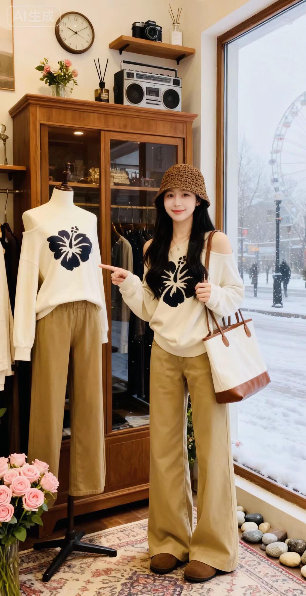 姐妹们都去穿这套韩系气质小香风套装！白色斜肩针织毛衣搭配休闲裤，一整套...