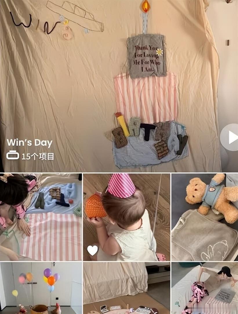 何穗晒给1周岁儿子抓周，还不会走路，头发细软塌像极爸爸陈伟霆 ​