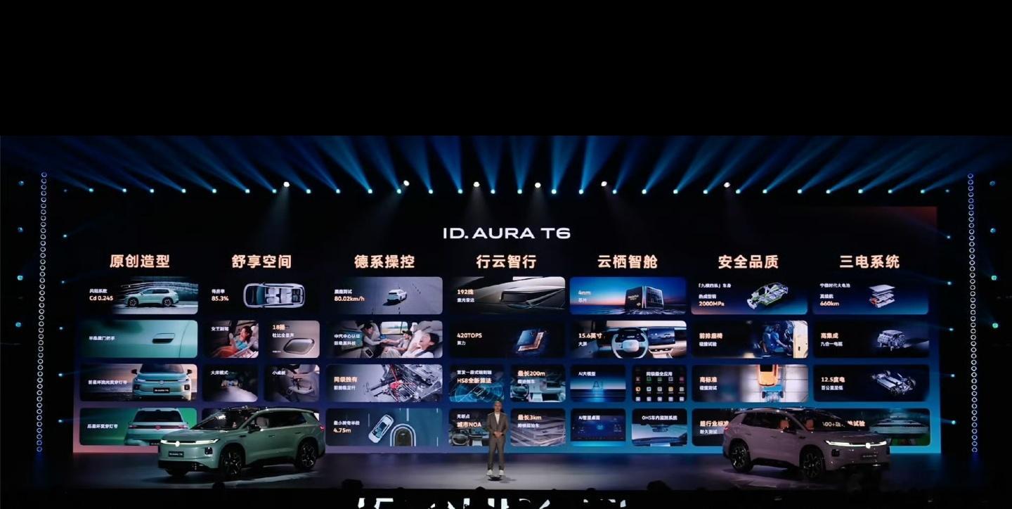 9月20日，一汽-大众ID.AURA T6正式上市并公布售价，作为智电新王牌，它是合资合作3.0新阶段的标志性产品，也宣告“新大众”的到来。
 
新车围绕三大革新打造：理念之新，以中国用户需求为核心，本土化研发，贴合国内家庭用车习惯；技术之新，搭载CEA电气架构，高配配备激光雷达，融入AI大模型，智能座 ​