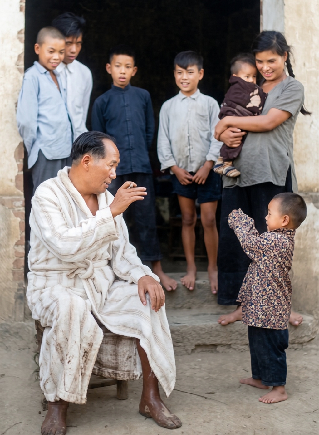 1959年6月24日，毛主席在湖南长沙湘江中游泳后，与农家儿童逗趣。小娃娃今年有