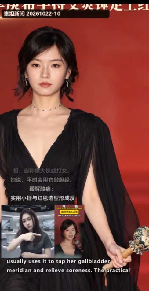 李庚希手持艾灸锤走上红毯，别人比珠宝，她主打“养生大侠”

红毯上，女明星手里拿的通常是手拿包、鲜花或高定珠宝。

李庚希不一样。她手里攥着一把艾灸锤。

近日，在一场时尚盛典红毯上。李庚希一身酷飒黑裙亮相，造型利落冷感，但所有人的目光都落在了她手上——没有奢侈品包，没有精致配饰，是一把日常用来敲肩