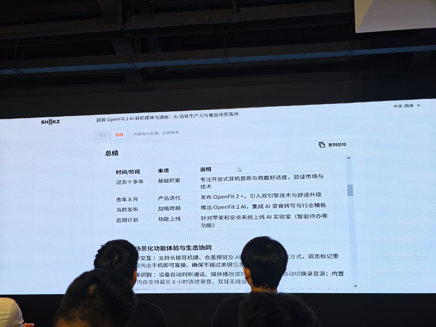 现场还有个小彩蛋，这场会议内容直接被韶音OpenFit 2 AI实时记录，当场就能生成整理好的纪要，处理速度是真的快[并不简单] ​