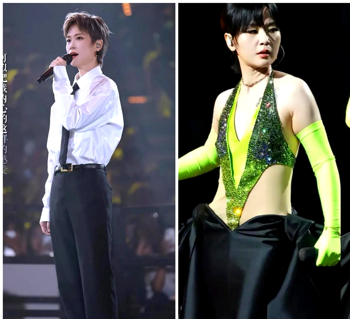 同是超女出道，李宇春和周笔畅最近在演唱会上的造型，硬生生砸出了截然相反的口碑，把网友看出了巨大的审美断层。
 

李宇春在北京开唱，只穿一件基础款白衬衫配黑西裤，随意打条领带全场开麦唱跳，状态清爽利落得跟20年前一模一样，惹得大家直呼她穿男装就没别人什么事了。反观周笔畅，一身荧光绿紧身礼服亮相陈辉阳