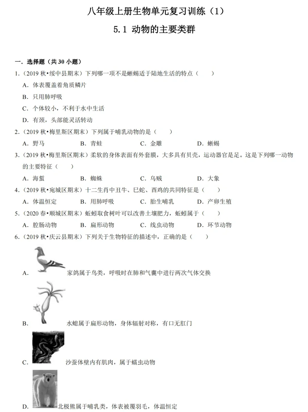 八年级上册，生物单元复习训练（1）带答案‼️