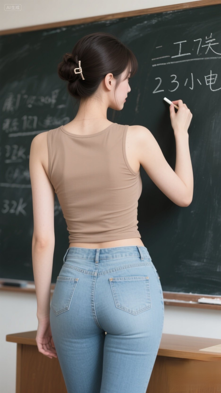 气质优雅， 端庄大气。站在讲台上拿着书讲课，拿着粉笔在写板书。 身材高...