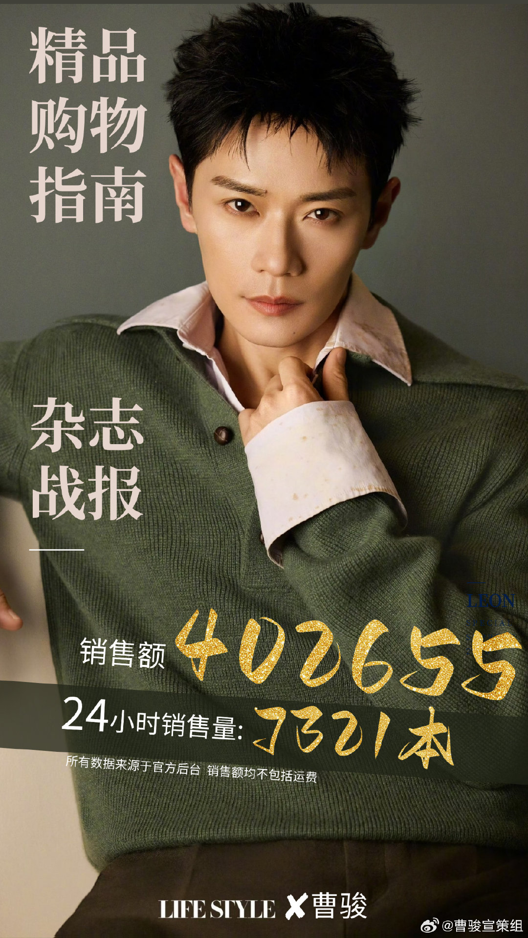 《精品购物指南》曹骏10月刊销量战报🎉

📊 开售24小时实销战绩揭晓
⭐销量 7321 本
⭐销售额 402655元

感谢七千三百二十一份毫不犹豫的奔赴，秋风翻页，热爱落地🍁
每份支持都在述说同一句话：曹骏，值得！✨

#曹骏精品购物指南封面# cj#曹骏出道三十周年# ​