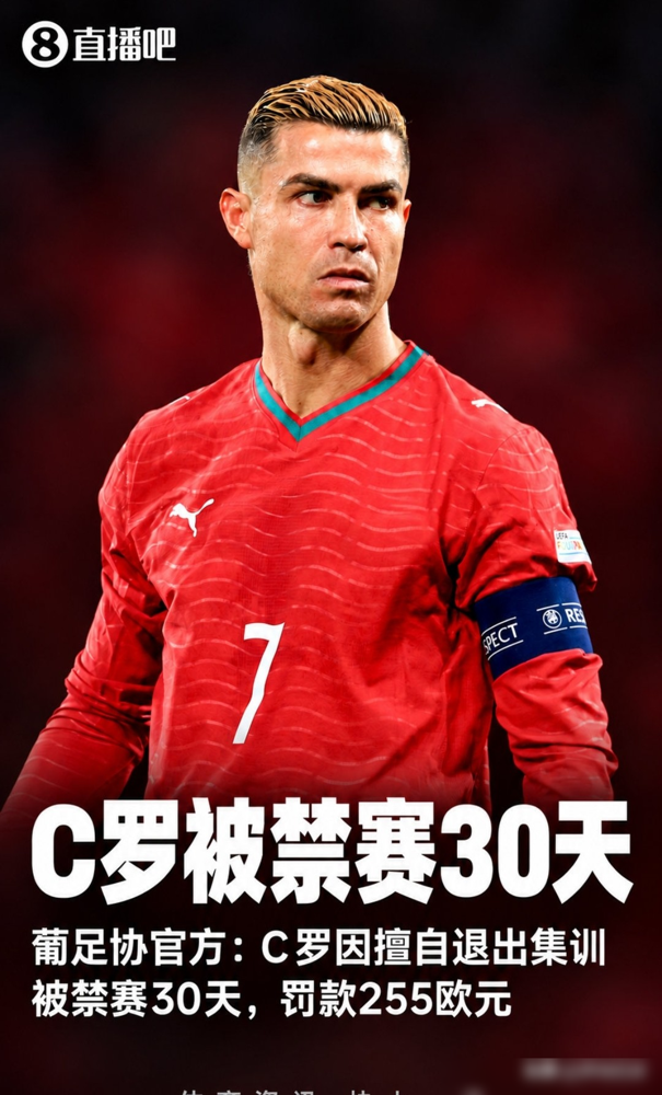 C罗擅离国家队，最后罚了255欧元，禁赛30天扣完已执行的，还剩11天。这11天里葡萄牙没比赛，等于一场不耽误。
事情很简单：欧国联赛前热身没让他上，他直接走了。10月7日发长文解释，足协10月10日启动调查。然后罚款按无违纪记录和主动认错两次减半，落槌255欧。
英媒法媒都说这是闹剧，换普通球
