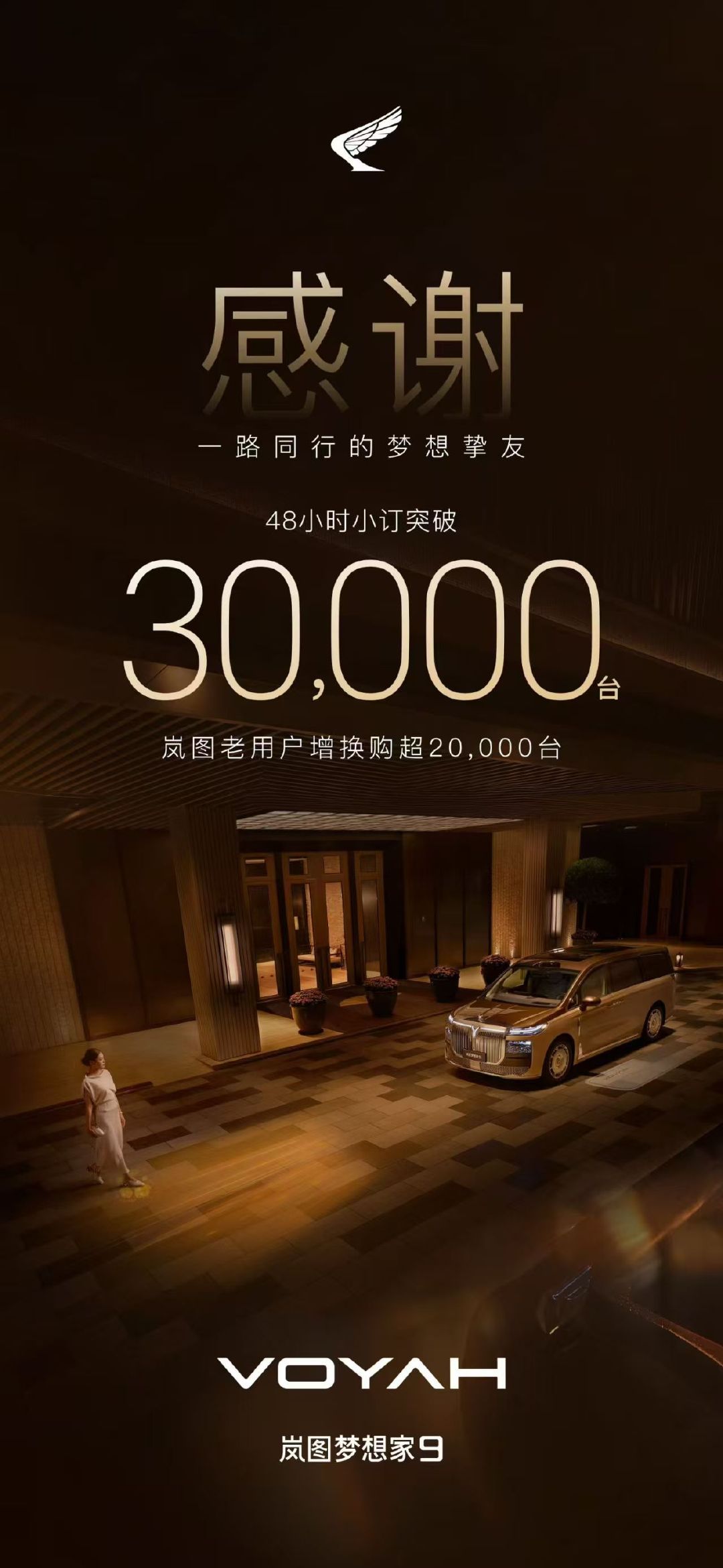 #岚图梦想家9预售48小时小订破3万# 岚图梦想家9的战报来了，这个成绩怎么样～

新车这次采取了不办发布会直接开启预售的模式。预售价42.99-52.99万元。海报里提到了一点挺有意思：在这3万台的订单中，岚图老用户增换购超2万台，品牌认可度还不错[酷] ​