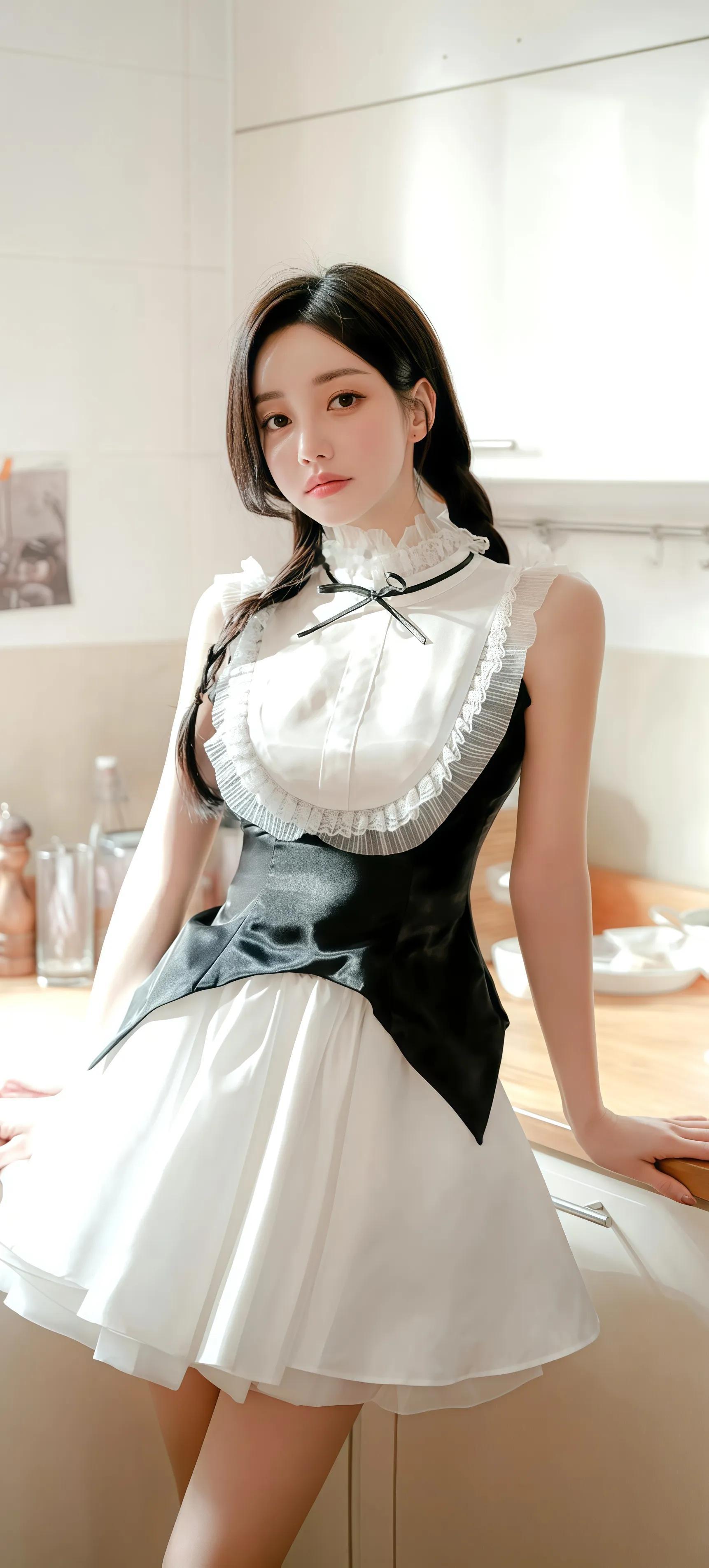 可爱女仆装，厨房里的甜美少女。＃