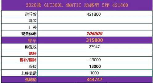 奔驰 GLC300 L 动感型<br />全款落地：34万＋（包牌包税...