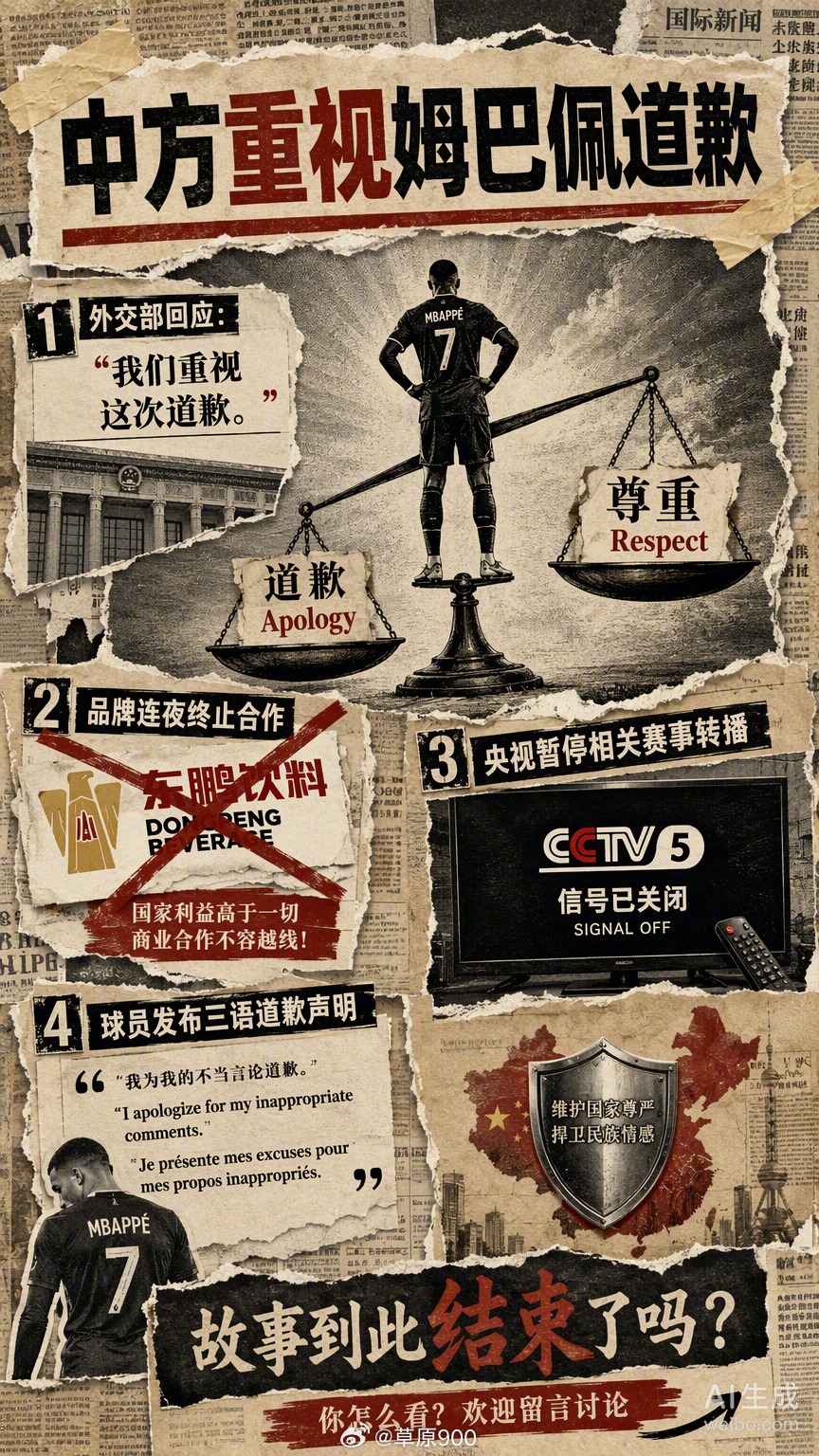 外交部那句“我们重视当事人作出的道歉”，听着不温不火，实则给这事儿定了个调。
#皇马道歉函##皇马在1.8亿粉平台发布道歉#
商业代言也一样，姆巴佩团队过去两年把中国市场当核心增量，社交账号发得勤快，互动安排得明明白白，为的就是那份占全球总收入38%的代言费。
但这种“精准设计的友好”，本质 ​