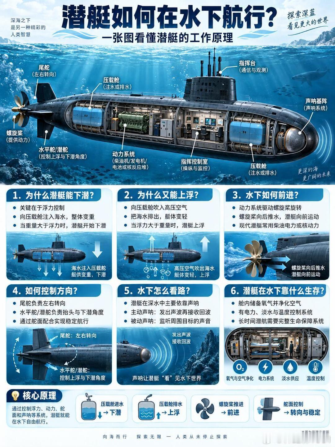 潜艇如何在水下航行？一张图看懂潜艇的工作原理 ​
