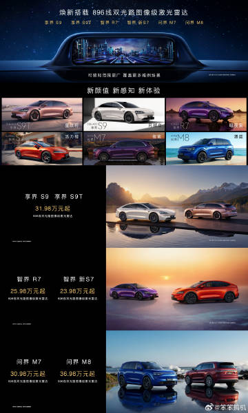 享界S9、享界S9T、智界R7、智界新S7、问界M7、问界M8焕新搭载...