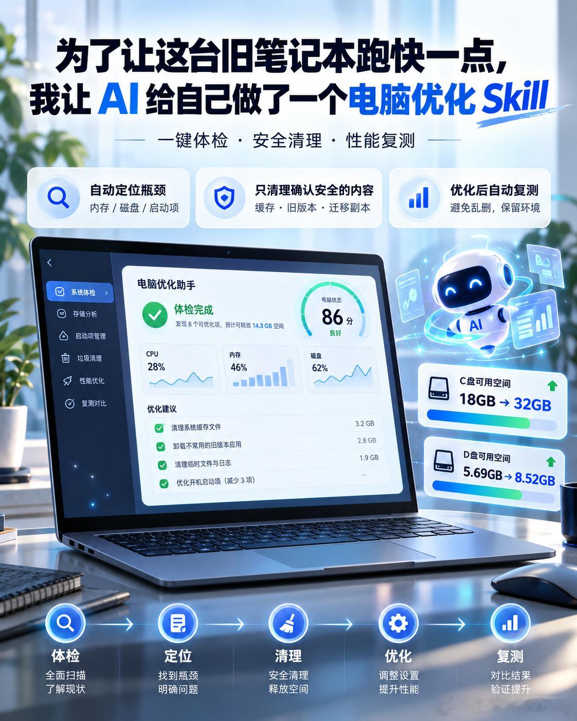 为了让这台旧笔记本跑快一点，我让 AI 给自己做了一个电脑优化 Skill。

起因很简单：这台华为笔记本最近越来越卡。

一开始我也想直接找个“一键清理工具”跑一下，但真正排查后发现，电脑变慢不一定只是垃圾文件多。

AI 先帮我检查了 CPU、内存、SSD、启动项、后台进程和磁盘空间，然后一层层定位哪 ​