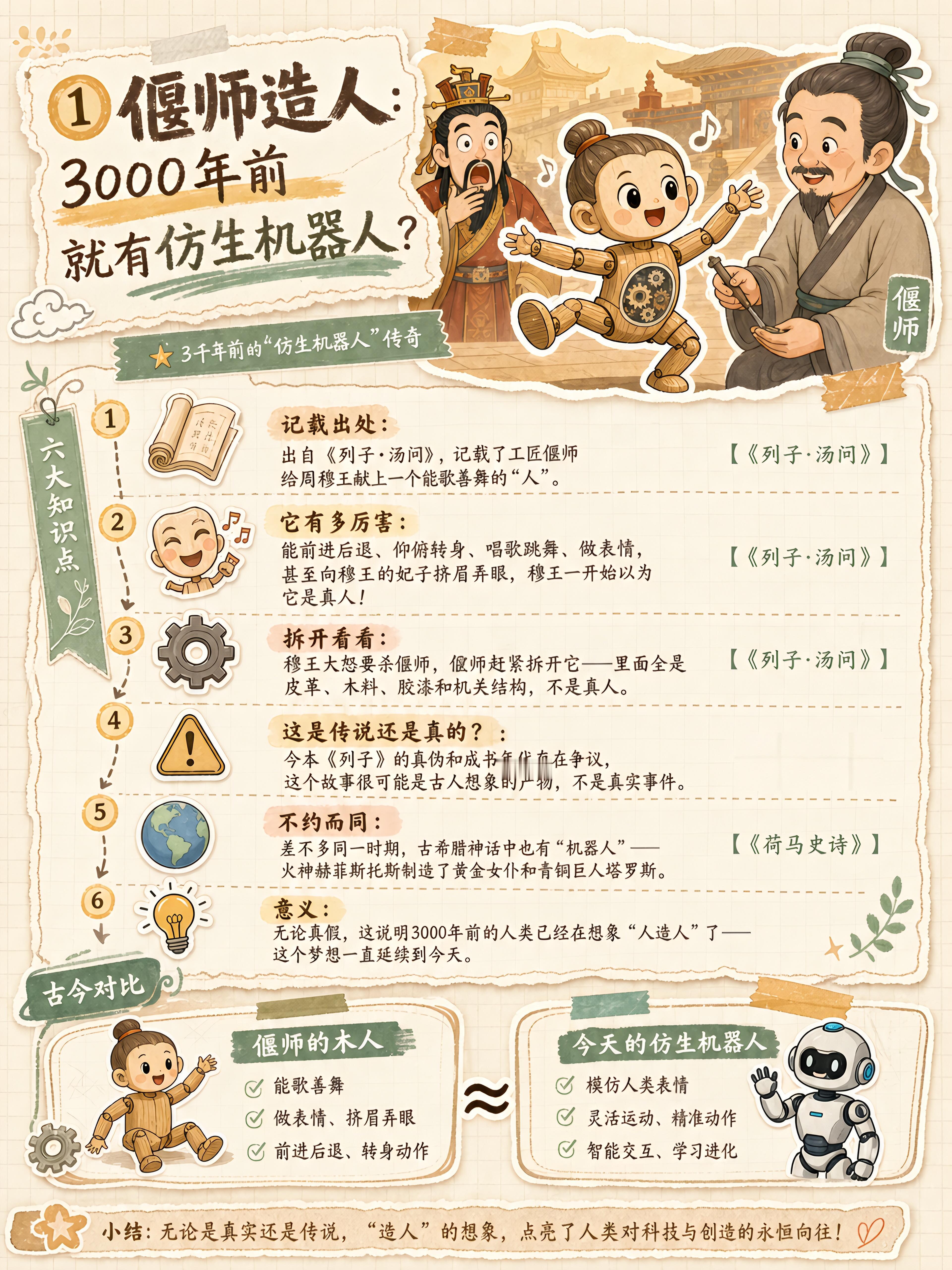 古代就有机器人！3000年前的"仿生机器人"中国目前已知记载中较早的"机器人"记录，出自《列子·汤问》。一个叫偃师的工匠，给周穆王献上了一个"人"——能唱歌、跳舞、做表情，甚至还给穆王的妃子挤眉弄眼！穆王气坏了，偃师赶紧把它拆开：里面全是皮革、木料和胶漆。虽然这只是传说，但它说明3000年前的 ​